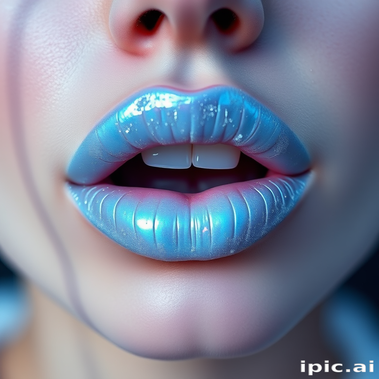 Ethereal Moonbeam Frost showcases iridescent pale blue lips with a frosted finish, evoking a mystical and otherworldly appearance ideal for avant-garde fashion shoots.