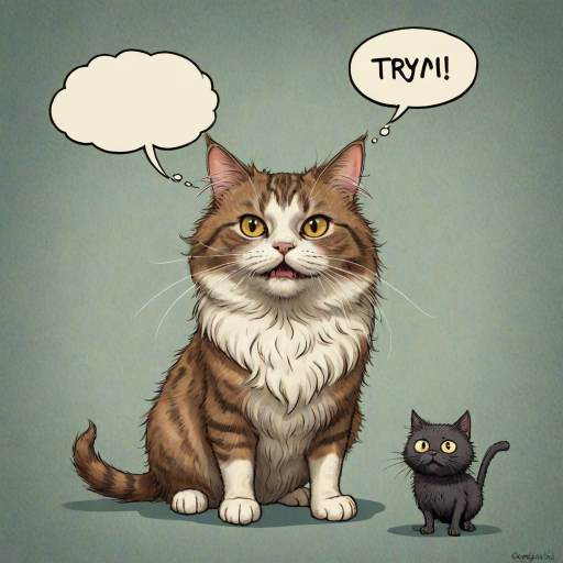 caricature of a silly whimsical fluffy cat with a mean look she has one foot on a sausage and is looking at an old scraggly big dog the cat has a thought bubble above her head that says “try,me"