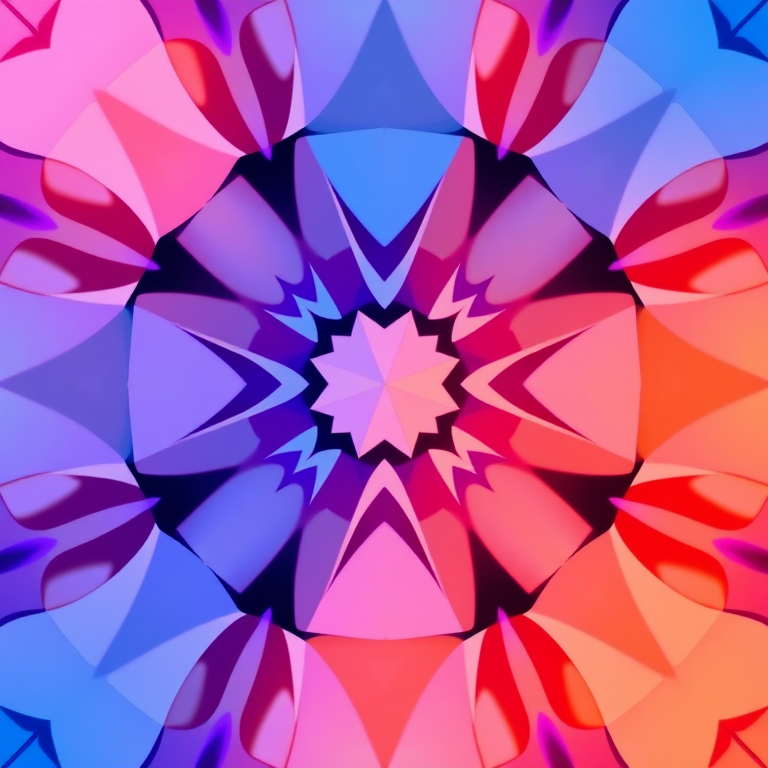 generate a high-resolution abstract geometric pattern with vibrant colors like blue, orange, purple, and pink, using a 50mm lens, f/2.8 aperture, ISO 100, capturing depth and clarity in a well-lit studio setting with a soft-focus background