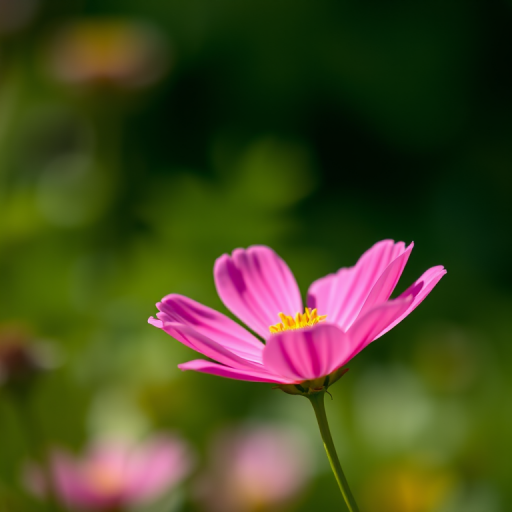 macro shot of a pink cosmos flower with a blurred green background, f/2.8 aperture, 50mm lens, ISO 100, natural light, shallow depth of field, DSLR camera