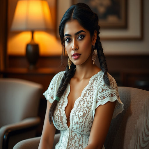 Create a portrait of a refined and elegant Nepali woman seated in a sophisticated setting. She has long, wavy hair styled in two thick braids that are pulled over her shoulders. She wears a white, lace gown with intricate patterns, featuring a deep V-neckline and short sleeves. The dress exudes a vintage charm with its delicate lacework. She is adorned with ornate, dangling earrings that add a touch of glamour to her appearance. The background is softly lit, with warm, ambient lighting that creates a cozy and inviting atmosphere. Her expression is poised and serene, capturing a sense of grace and elegance.