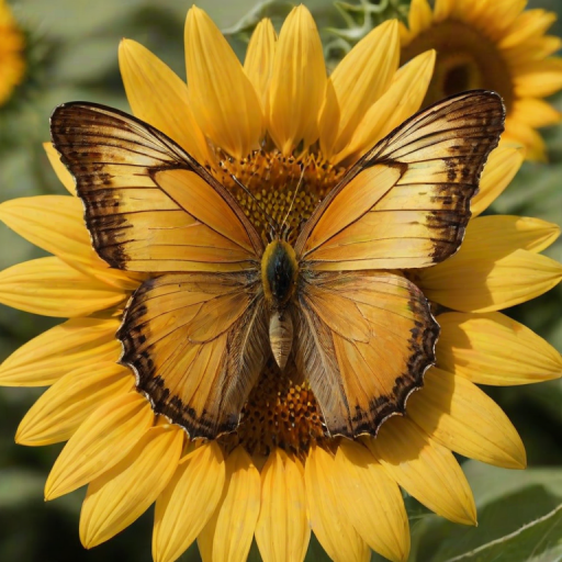 Sharp, detailed close-up of a butterfly resting on a bright yellow sunflower, soft light illuminating its delicate wings, with tiny details of pollen visible on the flower's center.
