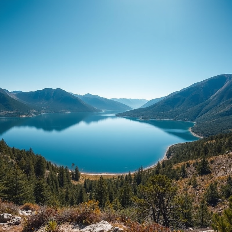 Generate a high-resolution image of a tranquil landscape featuring a serene lake surrounded by mountains under a clear blue sky using a DSLR camera with a 24mm lens, aperture set to f/8, ISO 100, and a wide-angle view.