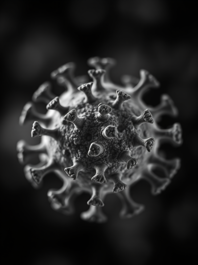 close-up macro shot of a virus cell, high contrast, shallow depth of field, aperture f/2.8, ISO 100, 50mm lens, natural lighting, DSLR camera, monochrome background with bokeh effects