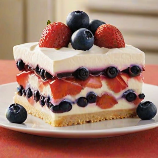 Generate an image of a delicious layered dessert featuring alternating layers of cream, strawberries, and blueberries, served on a plate. The dessert should have a smooth, creamy texture and be topped with fresh fruit and a drizzle of white chocolate. In the background, show a larger serving dish containing the same dessert, with additional berries on top. The setting should be warm and inviting, emphasizing the freshness of the ingredients.