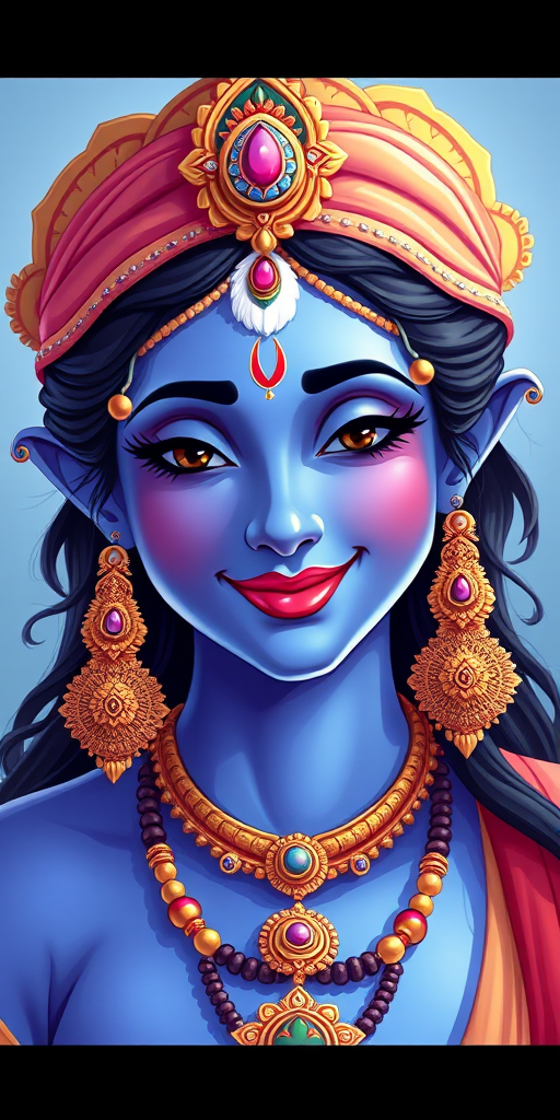 Create a vibrant illustration of a serene blue-skinned deity with a gentle smile, adorned with traditional jewelry, featuring intricate details, shot in high resolution, at f/1.8 aperture, 50mm lens, natural light, portrait orientation.