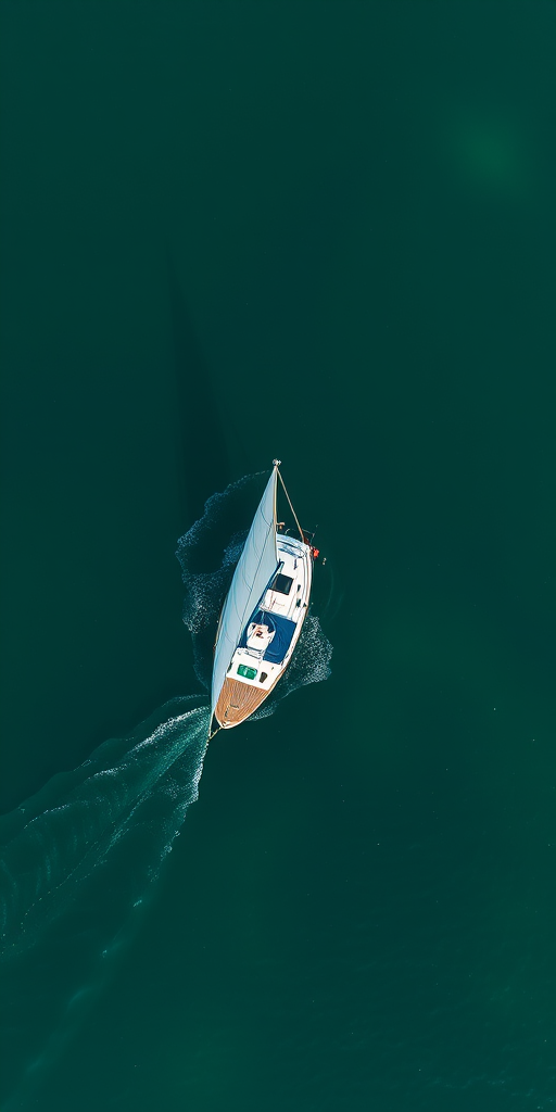 Generate an image of a sailboat on a body of water with a solid green background, using a DSLR camera, 50mm lens, f/2.8 aperture, ISO 100, 1/200 sec shutter speed, top-down view, in high dynamic range style.