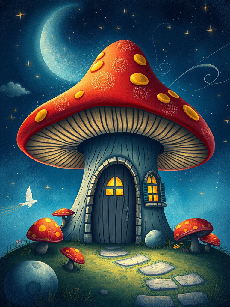 imagine illustration of a mushroom house with a door and a window, a storybook , fantasy art, mushroom house, bg starry sky, sparkles