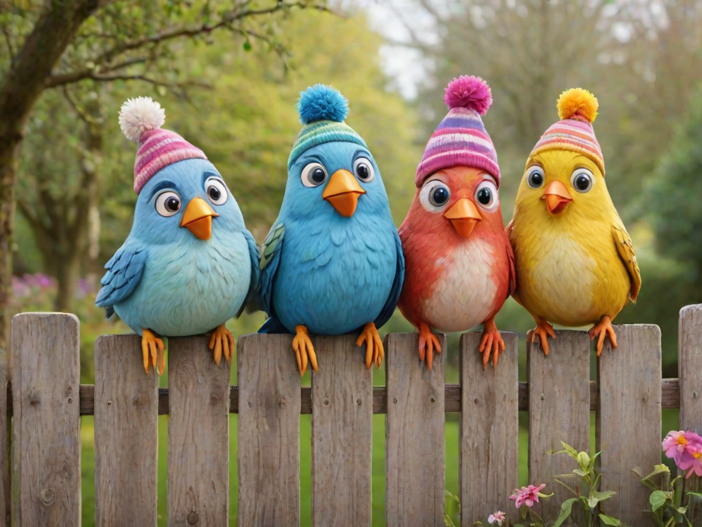 create a scene of 4 quirky  whimsical colourful comical birds each with a funny expression. they are sat on a wooden fence with colourful flowers. they are all different sizes. each one is a different colour  one is wearing a woolly hat. Each one has a different quirky google expression and there is a muted background of trees watercolour paintierly style high definition 8k resolution 3D paper mache