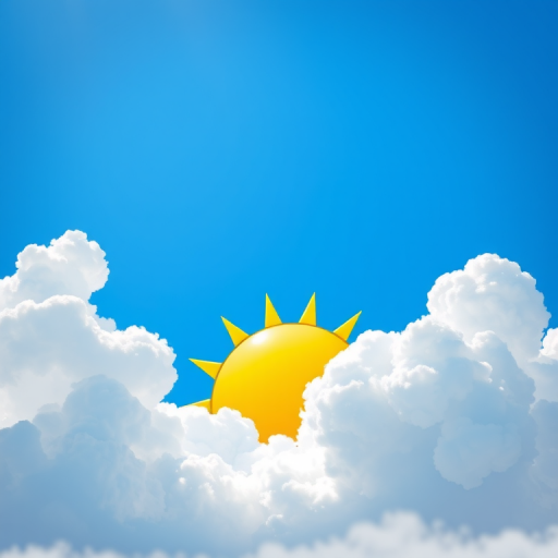 Create a vibrant illustration of a cartoon sun with bright yellow rays, surrounded by fluffy white clouds against a clear blue sky, using a high-resolution digital drawing technique, with a camera setting of 35mm lens at f/11, shot from a slightly elevated angle, employing a vibrant color palette for enhanced visual appeal.