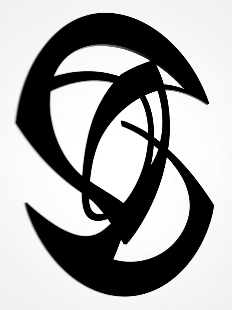 Create an abstract black logo design featuring intertwined geometric shapes, captured with a Canon EOS R5 camera at f/2.8, ISO 100, 1/125s, in a studio setting with soft lighting.