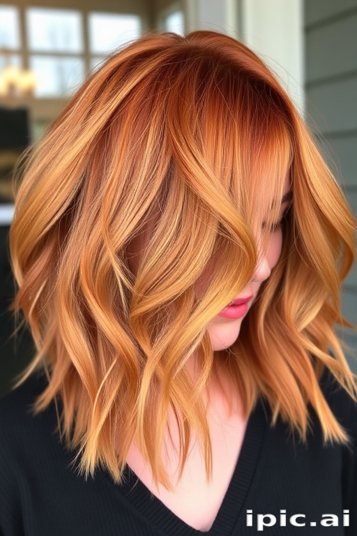 Fiery copper and gold tones blend seamlessly in the "Autumn Sunrise" hairstyle, featuring a voluminous, textured bob with tousled layers. Warm honey highlights accentuate the dimensional color, while soft wispy bangs sweep across the forehead. The overall effect is reminiscent of fall leaves caught in a gentle breeze, exuding warmth and sophistication.