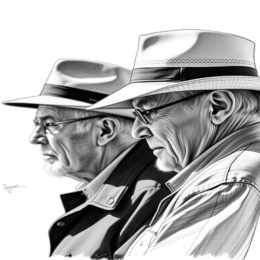 Regenerate a detailed sketch of two elderly men in profile wearing hats, captured with a DSLR camera at f/8 aperture, ISO 100, with a 50mm lens in a natural light setting to enhance clarity and sharpness.