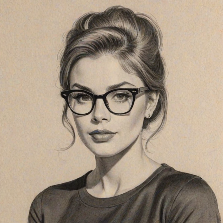 Stunning Madison Bailey, pencil sketch, portrait of Appealing woman 1963s in glasses, hair style beatnik, outline, clear lines, fine lines, 8k