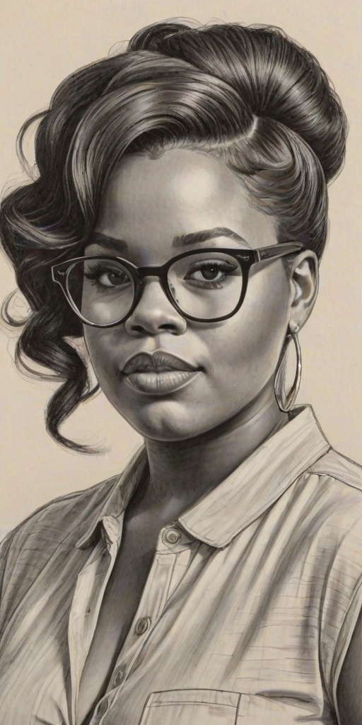 Magnificent Amber Riley, pencil sketch, portrait of Charming woman 1963s in glasses, hair style beatnik, outline, clear lines, fine lines, 8k