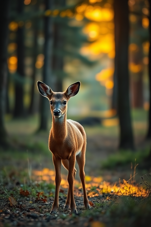 young deer standing in a sunlit forest clearing, shallow depth of field, f/2.8, 85mm lens, ISO 100, vibrant colors, golden hour lighting, portrait orientation, DSLR camera