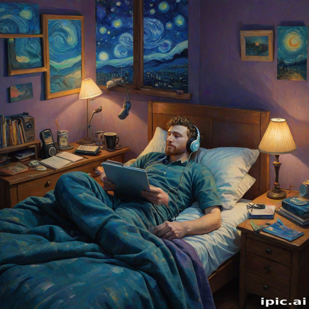 A top-down Van Gogh-style painting of a young man lying on his bed, listening to music with headphones. The room is softly lit with deep blues and purples, creating a peaceful nighttime atmosphere. The bed has a soft pillow, and the man's arms are resting behind his head. Around the bed, various glowing gadgets such as a smartphone, a laptop, and a small lamp are visible, casting a gentle light. The rest of the bedroom includes a desk with books, a chair, and a small rug on the floor. A window near the bed reveals a starry night sky with swirling stars, reminiscent of Van Gogh's 'Starry Night.' On the desk, there is a sketchbook with colorful drawings, a cup of coffee steaming gently, and a small potted plant. The walls have posters of famous paintings and a corkboard with pinned notes and photos. The scene is full of dynamic, swirling brushstrokes, capturing the essence of Van Gogh's unique style. The overall mood is serene and contemplative, with a touch of artistic inspiration.