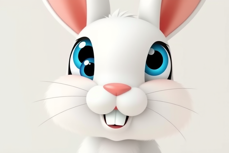 Create an adorable cartoon white rabbit with large blue eyes and a cute smile the rabbit should have fluffy fur and prominent front teeth the background should be simple and light to emphasize the rabbit's features