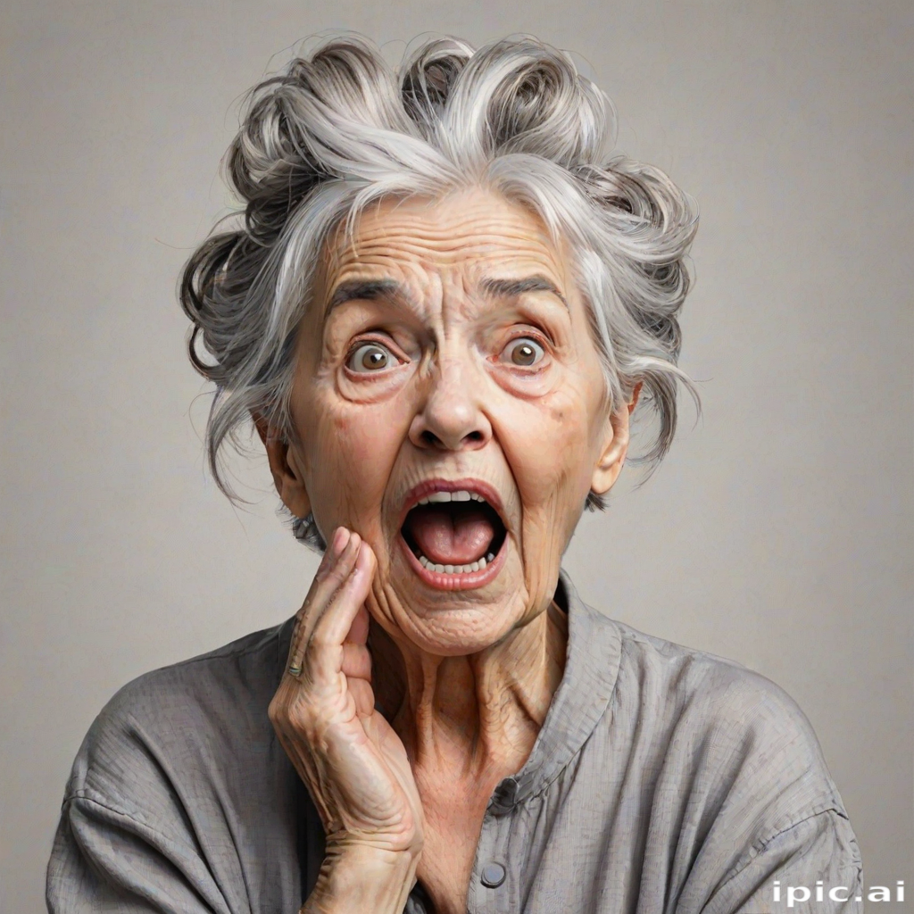 scribbly unfinished sketch, old lady with messy gray hair in a loose bun, surprised expression, mouth open, hands clasped together in front of her chest. Her eyes are wide, eyebrows are furrowed. vibe of shock or surprise.