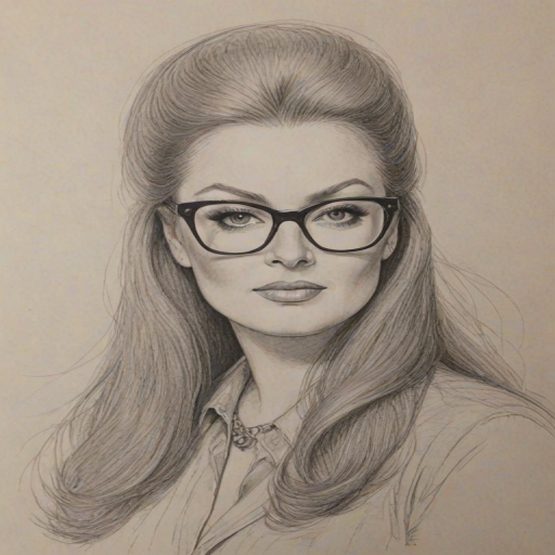 Elegant Wynonna Judd, pencil sketch, portrait of Bewitching woman 1961s in glasses, hair style beatnik, outline, clear lines, fine lines, 8k