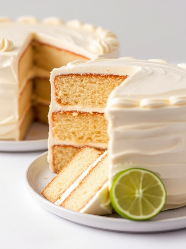 A beautifully layered vanilla cake with creamy white frosting and subtle caramel layers, showcasing a slice that reveals its moist texture and fluffy interior, accompanied by a fresh lime on the side, set against a simple white background.