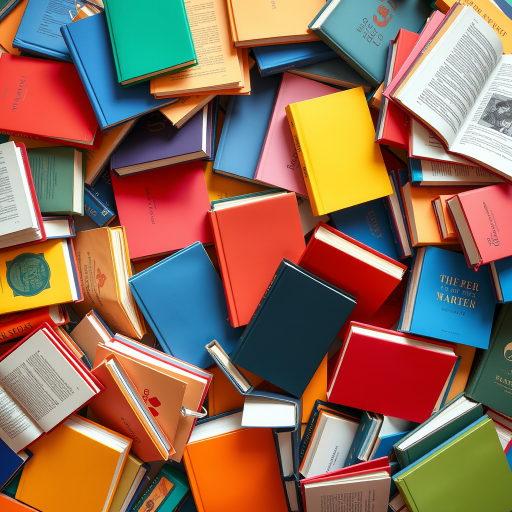 A colorful array of books scattered around, illustrated in a playful and vibrant style, shot with a DSLR camera at f/4 aperture, 50mm lens, ISO 200, in natural light, top-down view for a dynamic composition.