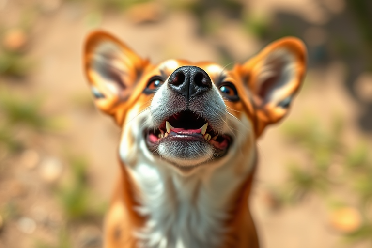 Create a high-resolution image of a playful dog looking upwards with a whimsical expression, using a Canon EOS 5D Mark IV, 50mm lens, aperture f/2.8, ISO 100, natural lighting, centered composition, focus on the dog's face.