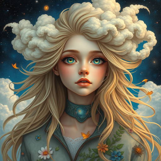 Create a series of imaginative portraits where each subject is infused with elements of fantasy and nature. The hair of the individuals should flow like clouds, varying from soft, fluffy cumulus to wispy cirrus strands, with hints of color reflecting a sunset or a clear blue sky. The eyes should be windows to entire galaxies, with stars, nebulae, and distant planets visible within them. Clothing should be adorned with nature motifs, such as floral patterns that bloom and change, vines that seem to grow and wrap around, or feathers that shimmer with iridescence. Each portrait should capture a unique personality, blending human features with the ethereal beauty of the natural and cosmic world. The backgrounds can vary, from starry night skies to enchanted forests, adding depth and context to the magical realism of the portraits