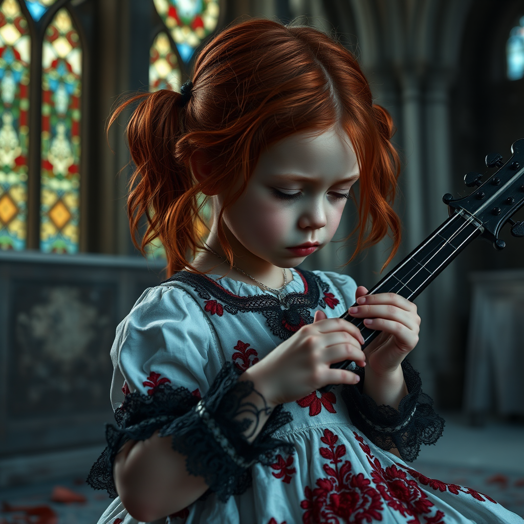 Close up realistic photo of a sad gothic little girl playing (instrument), red hair messy pigtails, black lace white dress with red detailed embroidery, abandoned gothic room with stained glass, closed eyes, horror cinematic lighting, dark fantasy, 4k, hdr,  uhd, detailed dress