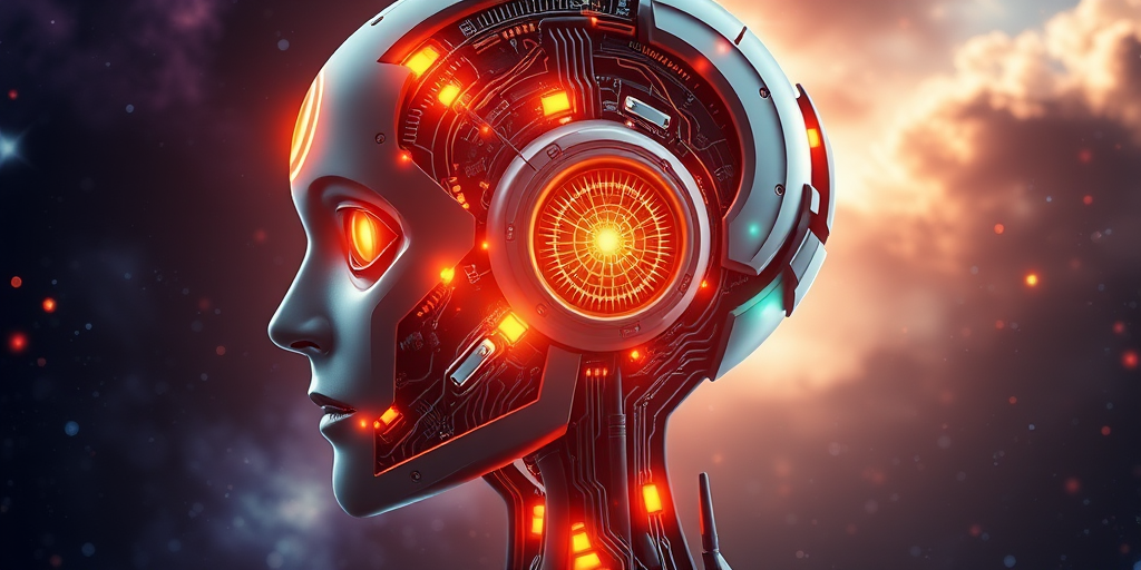 Create a highly detailed digital artwork of a humanoid robot head with a cosmic background, featuring intricate circuitry and glowing elements, captured with a DSLR camera at f/1.8 aperture, 35mm focal length, ISO 100, in a side profile view using a wide-angle lens for enhanced depth and clarity.