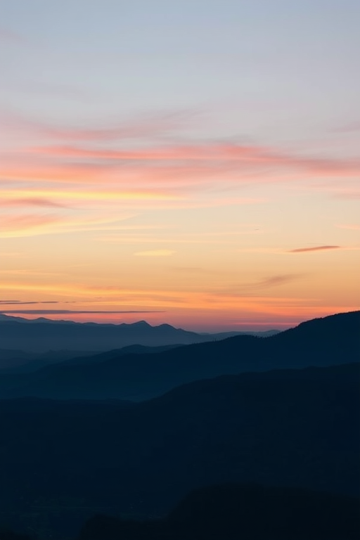 Create a high-resolution image of a serene landscape at sunrise, featuring soft pastel colors in the sky with silhouettes of distant mountains, using a Canon EOS R5, 24mm lens, aperture f/8, ISO 100, shot in a wide-angle view with a vibrant color profile.
