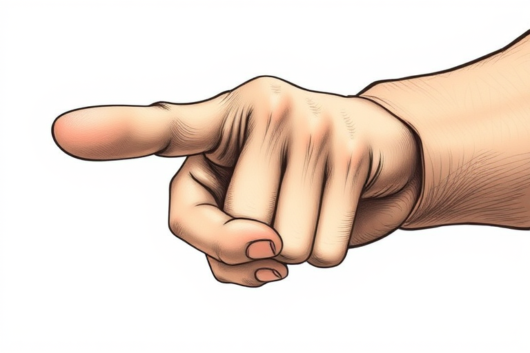 Create a detailed illustration of a hand pointing, emphasizing its contours and textures, using a DSLR camera with a 50mm lens, f/1.8 aperture, ISO 100, and a shallow depth of field to enhance the focus on the hand while softly blurring the background.