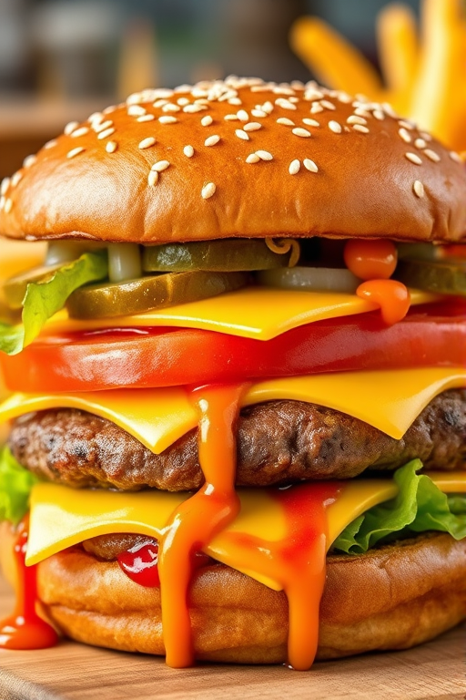 High-resolution, close-up image of a gourmet double cheeseburger. The burger features a glossy, sesame-seed-topped brioche bun. Inside, there are two thick, juicy beef patties, each topped with melted cheddar cheese. The burger is garnished with fresh lettuce, tomato slices, diced onions, and pickles. A generous amount of ketchup and a creamy, orange-colored sauce is dripping down the sides, adding to the mouth-watering appeal. In the background, there are blurred elements including a side of golden French fries and a hint of a beverage, enhancing the overall presentation of a delicious meal.