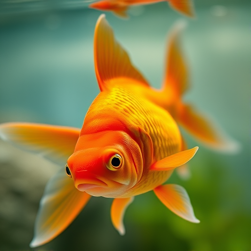 Capture a high-resolution image of an orange goldfish in clear water, using a macro lens at f/2.8 aperture, 1/200 sec shutter speed, ISO 100, shot from a side view at eye level with a DSLR camera to enhance detail and color vibrancy.