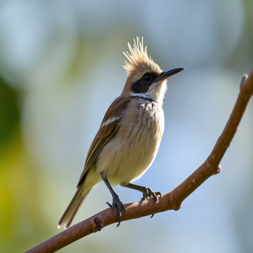 A close-up of a crested bird perched on a branch, captured with a DSLR camera at f/4, ISO 200, 1/500s, using a 200mm lens, natural light, and a shallow depth of field for a blurred background effect.