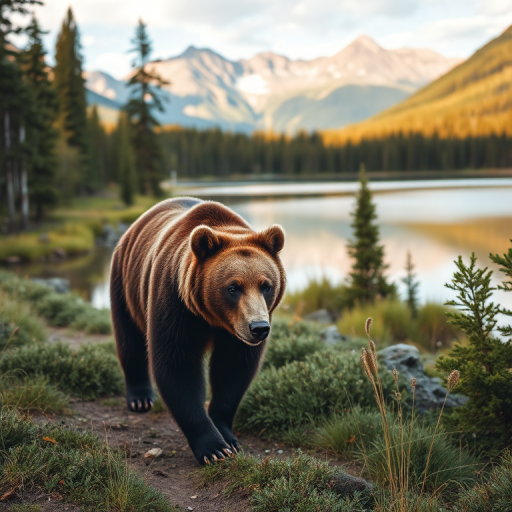 Generate a high-resolution image of a majestic brown bear walking through a lush forest near a serene lake, with mountains in the background, using a DSLR camera, 50mm lens, f/2.8 aperture, ISO 100, and natural lighting to enhance the vibrant colors and details of the scene.