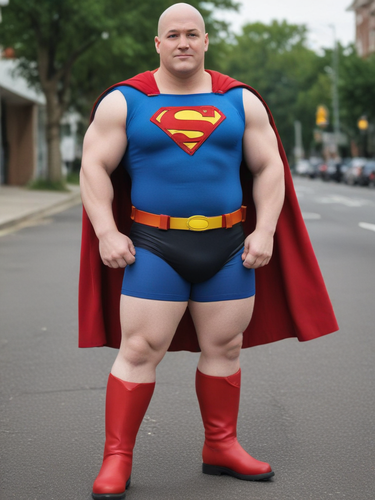 Realistic, short dwarf chubby bald guy, realistic superman costume, red boots, thick thighs, thick calves, hands on waist, bald, facial beard