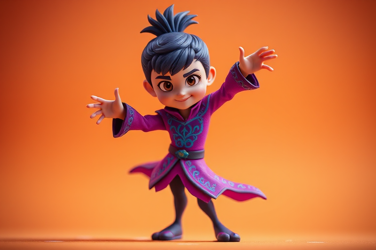 Create an image of a stylized animated character in a dynamic pose, wearing a vibrant purple and blue costume with intricate patterns, set against a warm gradient background, using a DSLR camera with a 50mm lens, aperture at f/2.8, ISO 100, and a shallow depth of field for enhanced image quality.