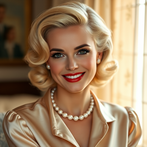 A beautiful Chaldean woman reminiscent of 1950s Hollywood glamour, with perfectly styled blonde hair and a seductive smile, dressed in a satin blouse and adorned with pearls, soft and warm tones, photorealistic, 8K