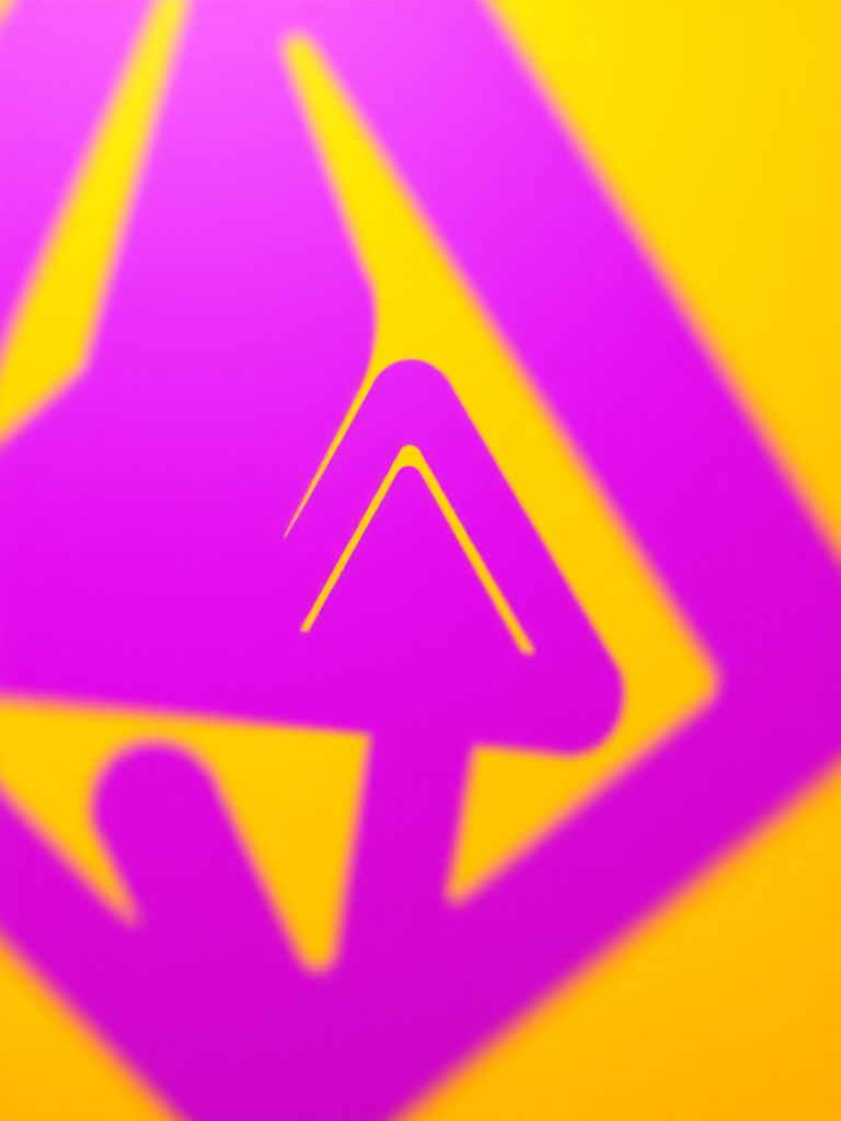 Generate a high-resolution image of a purple gradient triangle logo on a yellow background, use a DSLR camera with a 50mm lens, aperture f/2.8, ISO 100, and a slightly blurred background to emphasize the logo.