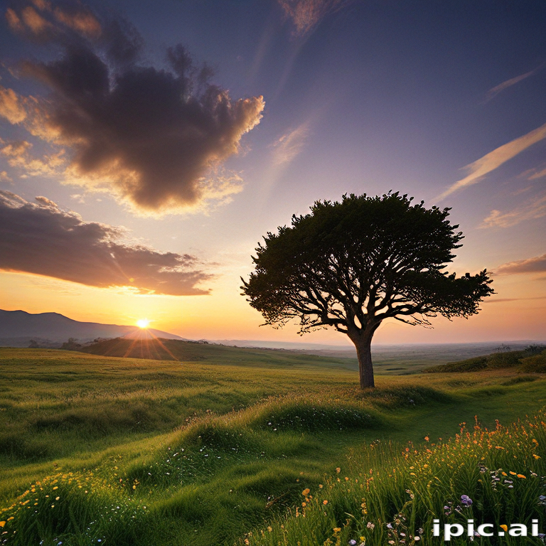 Majestic Sunset Over Rolling Hills with a Solitary Tree in Bloom