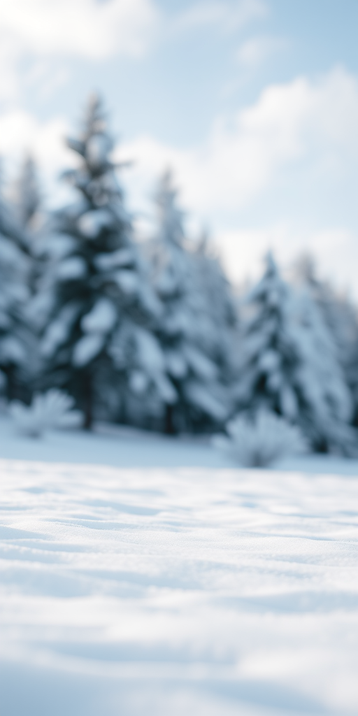 Generate a winter landscape image with snow-covered trees in soft focus in the background, sharp foreground of undulating snow, shot with a DSLR camera, aperture f/2.8, shutter speed 1/200 sec, ISO 100, in natural light, with a shallow depth of field.