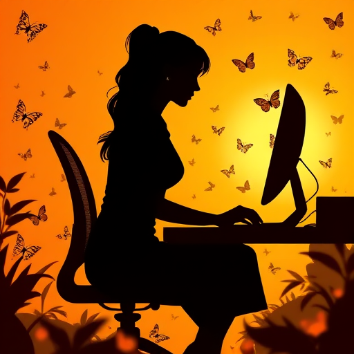 Create an illustration of a silhouette of a woman sitting at a computer, surrounded by a warm golden orange background filled with butterflies, using a DSLR camera, aperture f/2.8, shutter speed 1/125s, ISO 100, with a soft focus lens effect for a dreamy quality.