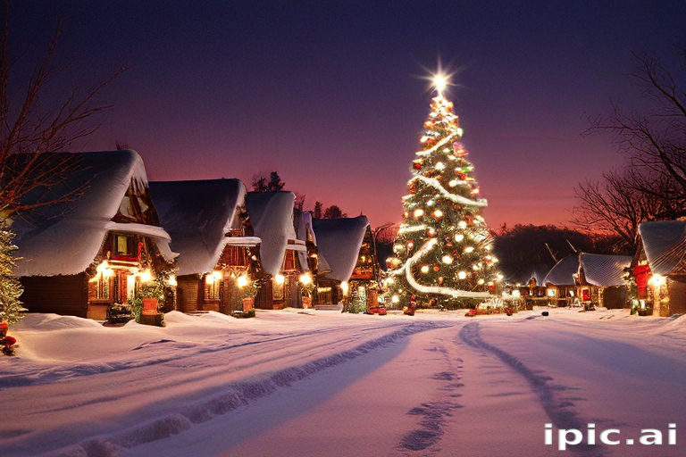 Enchanting Winter Village Scene with a Glowing Christmas Tree at Dusk
