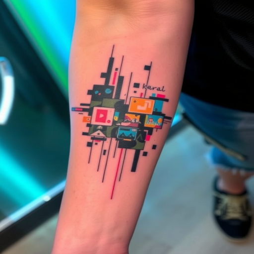 Glitch art inspired tattoo, "Digital Distortion," combining pixelated elements, color shifts, and fragmented imagery to create a unique design that appears to be glitching or corrupted, perfect for tech enthusiasts or as a statement piece on the forearm or leg