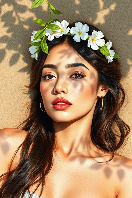 create a watercolor painting of an ethereal portrait of beautiful Hispanic woman with a simple white flower crown on her head. Her hair is long and she is lying on the ground. The sunlight on the trees casts shadows from the leaves on her face and body. The background is a neutral brown color that matches her skin tone. The image is minimalist and solid colors. This style is characterized by soft, delicate brushstrokes and a light, airy, contrasting color palette. High level of detail and play of light