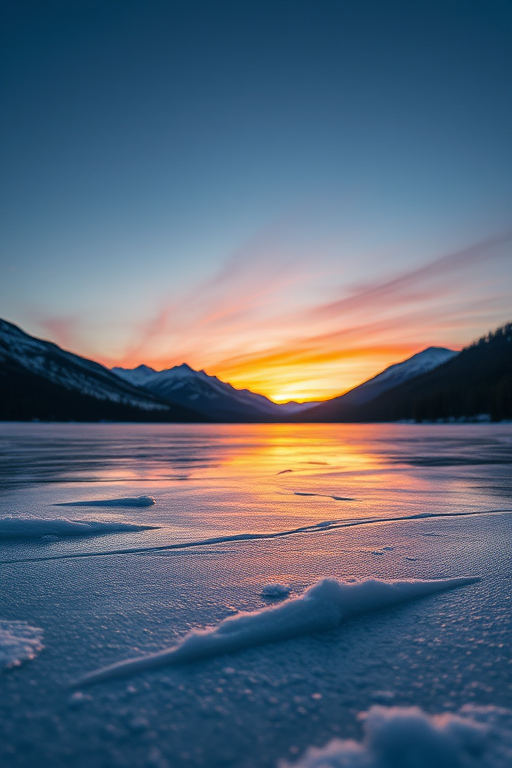 capture a serene winter landscape at dawn with a frozen lake and mountains in the background, using a DSLR camera with a 24mm lens, aperture f/8, ISO 100, 1/60 sec exposure, shot from a low angle to emphasize the ice texture and reflections, in twilight conditions to enhance colors and contrast