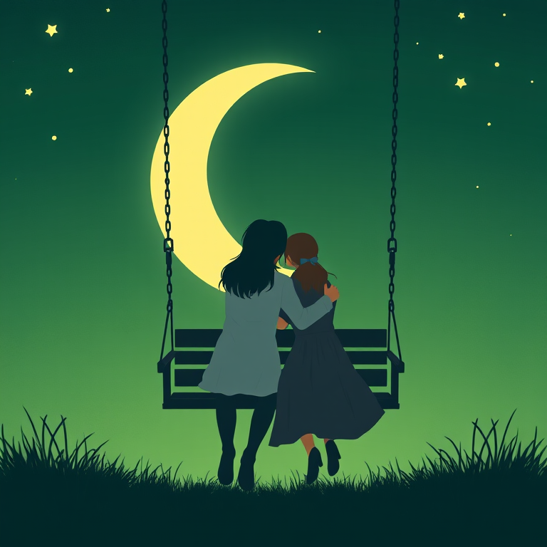 Create an illustration of a couple embracing on a swing beneath a large crescent moon, with a soft green background and scattered stars, using a DSLR camera with a 50mm lens at f/1.8, ISO 200, and a natural lighting setup for enhanced clarity and depth.