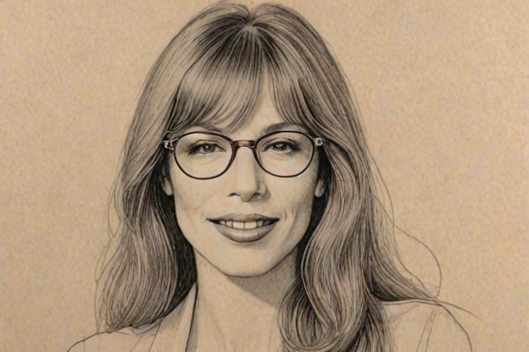 Captivating Carly Simon, pencil sketch, portrait of Superb woman 1920s in glasses, hair style beatnik, outline, clear lines, fine lines, 8k
