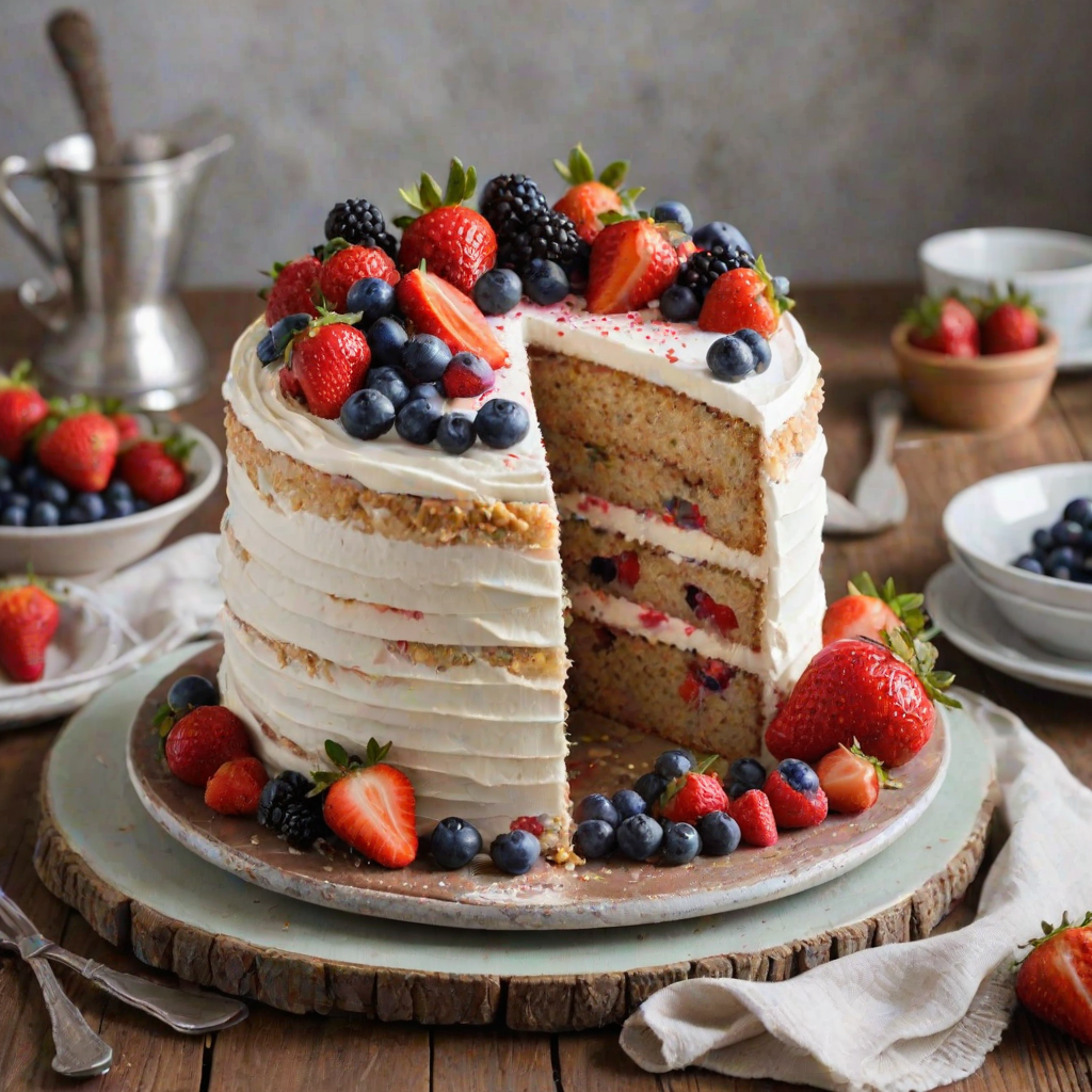 Generate an image of a beautifully decorated layered cake with a creamy white frosting. The cake should have visible layers filled with strawberries and blueberries, topped with fresh fruit. A slice of the cake should be on a plate, showcasing its texture and filling, while the whole cake sits elegantly in the background. The setting should have a rustic, inviting atmosphere.
